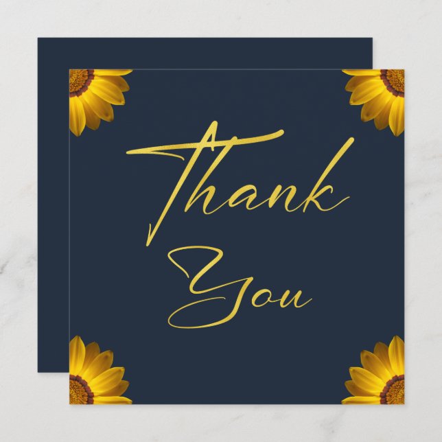 Cartão De Agradecimento Flores amarelas no Monograma de fundo azul Marinho (Frente/Verso)