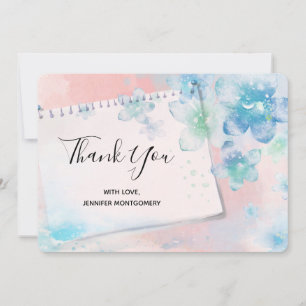 Cartão De Agradecimento Flores Azuis bonito em Fundo Rosa Obrigado
