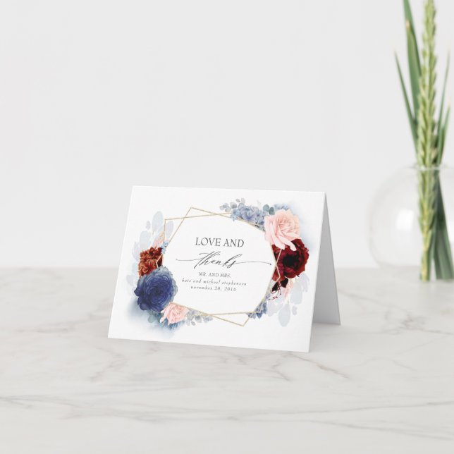 Cartão De Agradecimento Flores Azuis e Espelhadas Casamento Obrigado (Frente)