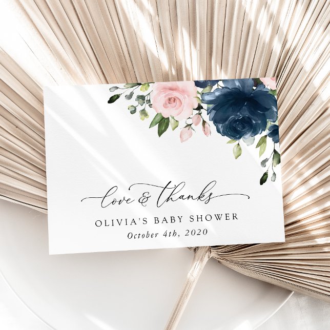 Cartão De Agradecimento Flores Azuis marinhos, Flores Rosa, Chá de fraldas (Criador carregado)