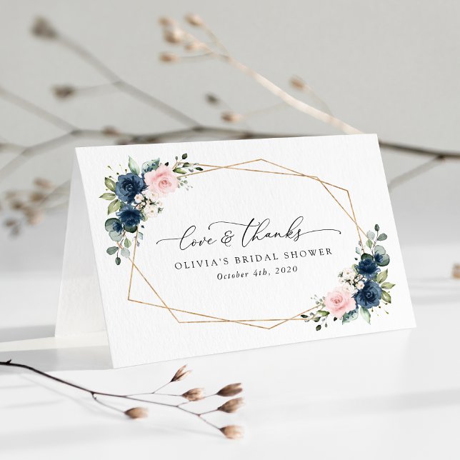 Cartão De Agradecimento Flores Azuis marinhos, Flores Rosa, Chá de panela (Criador carregado)