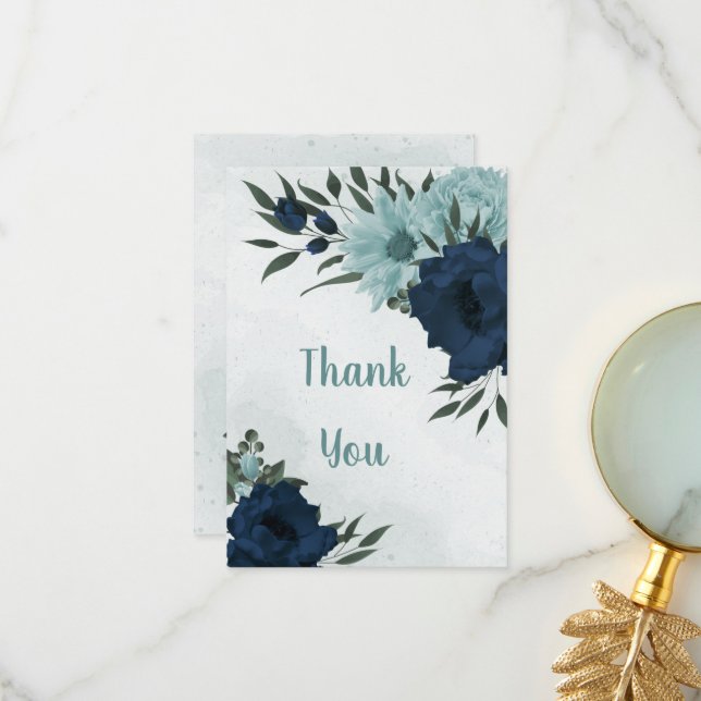 Cartão De Agradecimento Flores azuis poeirentas e marinhos botânicas (Frente/Verso In Situ)