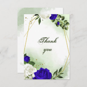 Cartão De Agradecimento flores azuis reais e brancas verde-ouro geométrico