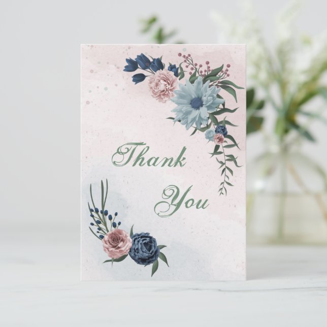 Cartão De Agradecimento flores azuis-rosa, poeirentas e azuis-marinhos ver (Em pé/Frente)