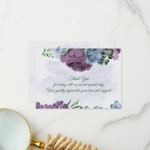 Cartão De Agradecimento Flores azuis roxas folhas verdes casamento