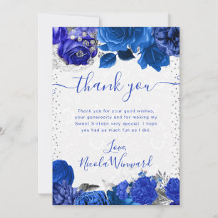 Cartão De Agradecimento Flores Azul e Prata em Aquarela Sweet 16