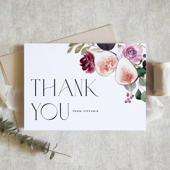 Cartão De Agradecimento Flores Botânicas de Borgonha com Figos e Mirtilo (Rustic botanical thank you card featuring watercolor figs, berries and burgundy flowers. )