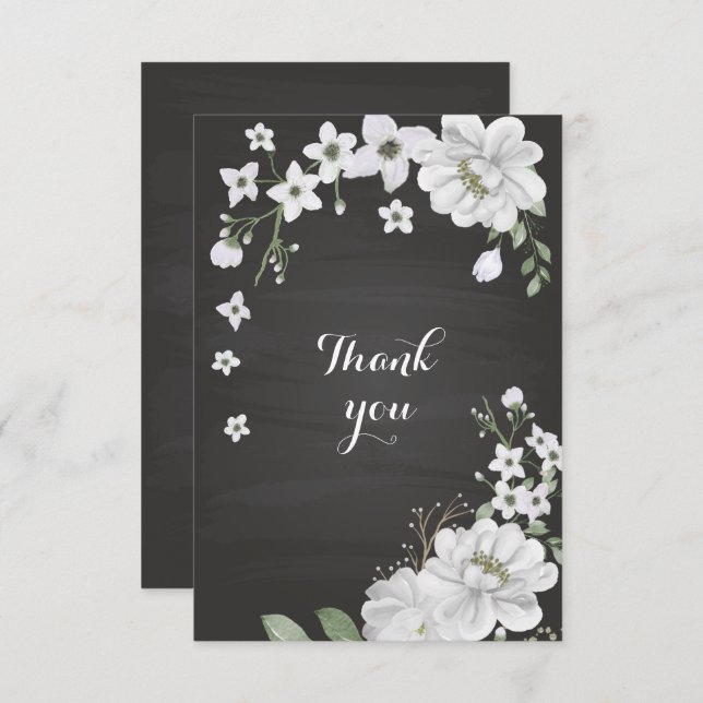 Cartão De Agradecimento flores brancas em preto verde (Frente/Verso)