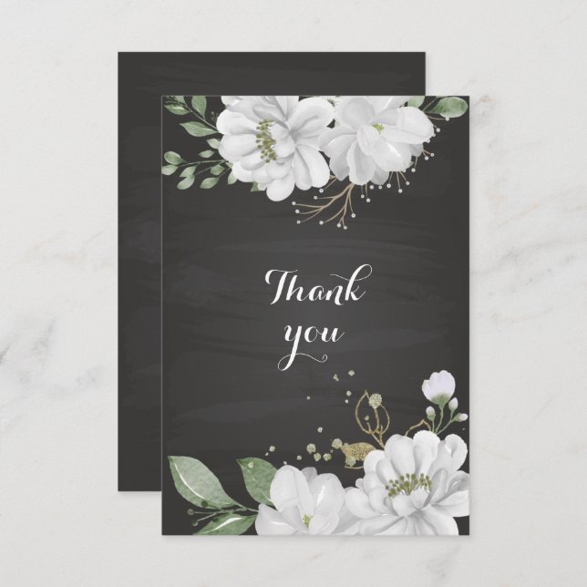 Cartão De Agradecimento flores brancas em preto verde (Frente/Verso)