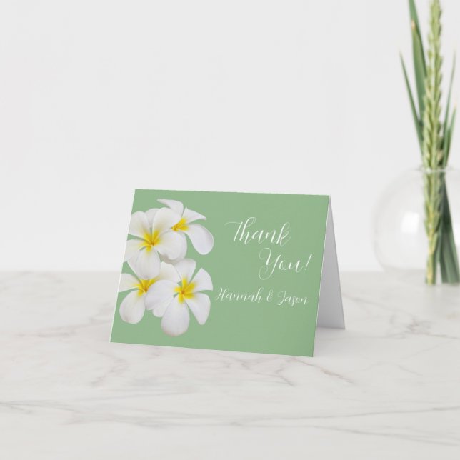 Cartão De Agradecimento Flores Brancas Frangipani, em Sage, Casamento (Frente)