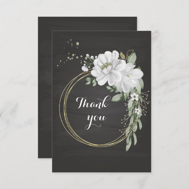 Cartão De Agradecimento flores brancas, verde e dourado (Frente/Verso)