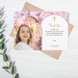 Cartão De Agradecimento Flores cor-de-rosa, foto-arca, cruza a Primeira Co