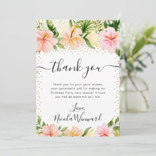 Cartão De Agradecimento Flores de Aniversário Rosa Tropical Aquarela