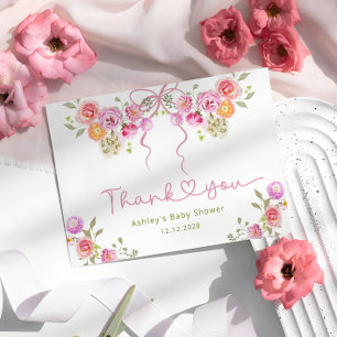 Cartão De Agradecimento Flores de Aquarela Chá de fraldas Rosa Obrigado