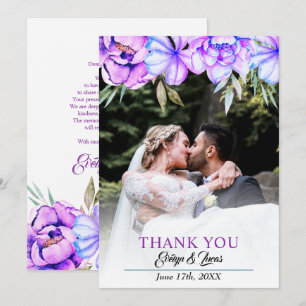 Cartão De Agradecimento Flores de aquarela púrpura casamento outono floral