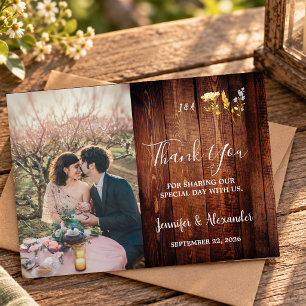 Cartão De Agradecimento Flores de aquarela rústica monograma foto casament