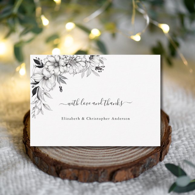 Cartão De Agradecimento Flores de Arte de Linha Desenhada à Mão Casamento  (Hand drawn line drawn floral black white wedding thank you card)