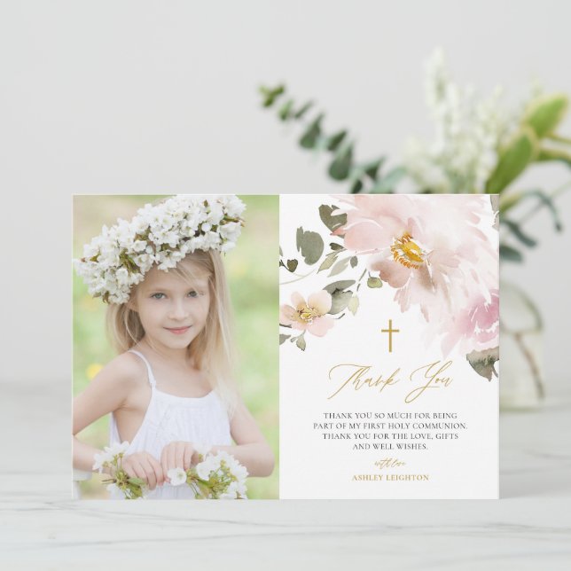 Cartão De Agradecimento Flores de Blush de Cadeias Primeira Comunhão Sagra (Em pé/Frente)