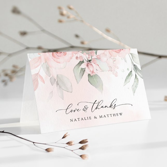 Cartão De Agradecimento Flores De Blush, Flores Rosa, Verde, Casamento (Criador carregado)