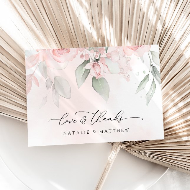 Cartão De Agradecimento Flores De Blush, Flores Rosa, Verde, Casamento (Criador carregado)