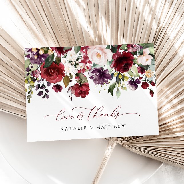 Cartão De Agradecimento Flores de Borgonha, Flores Rosa, Verde, Casamento (Criador carregado)