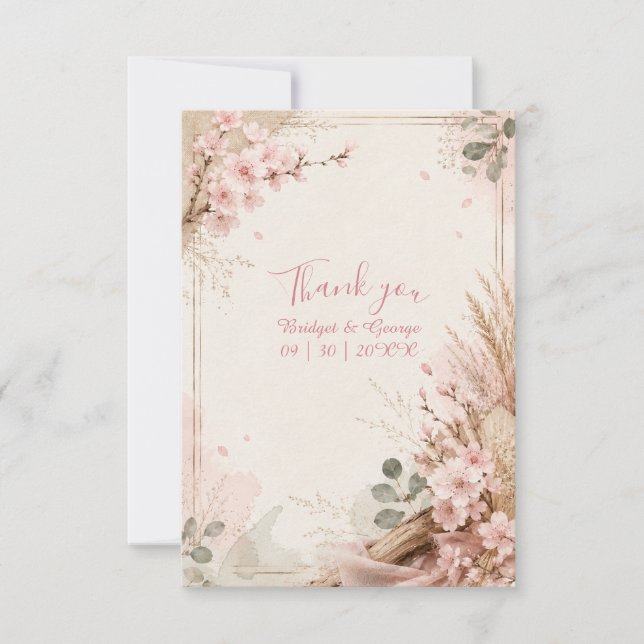 Cartão De Agradecimento Flores de Casamento Rústico Boho Sakura (Frente)