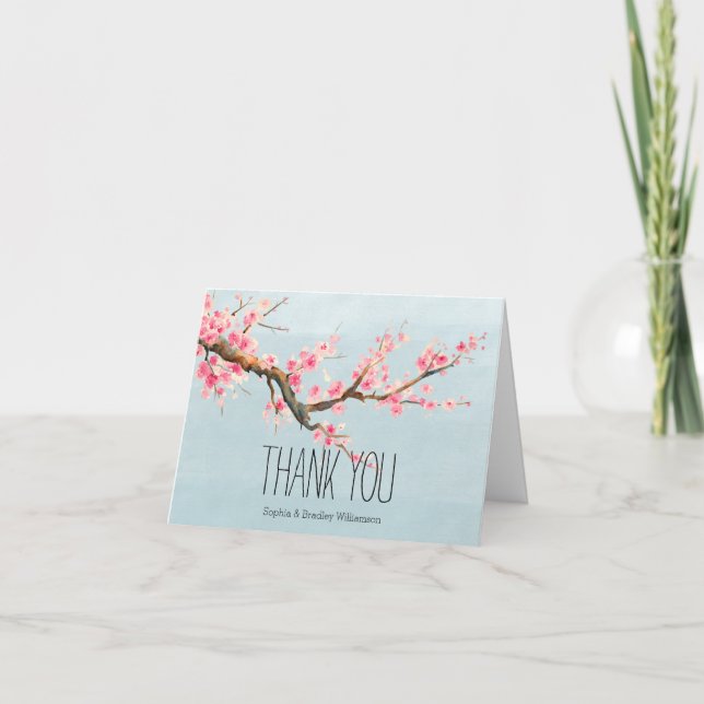 Cartão De Agradecimento Flores de Cerejeira e Pássaros Obrigado (Frente)