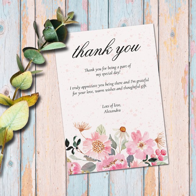 Cartão De Agradecimento Flores de Jardim Rosa Chic Festa de Casamento (Chic pink watercolor garden flowers bridal shower flat thank you cards)