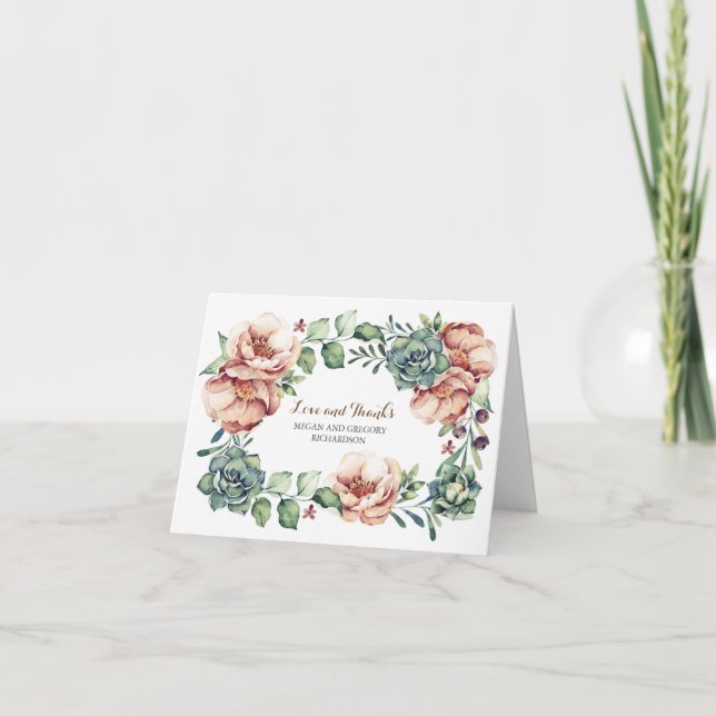 Cartão De Agradecimento flores de marfim e suculentos caem obrigado (Frente)