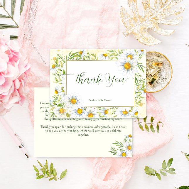 Cartão De Agradecimento Flores de margarida selvagem primavera verão chá d (Wild daisy flowers spring summer bridal shower thank you card green yellow floral thank you cards)