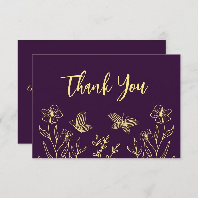 Cartão De Agradecimento Flores de ouro simples roxo casamento (Frente/Verso)