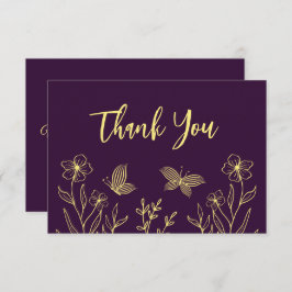 Cartão De Agradecimento Flores de ouro simples roxo casamento