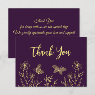 Cartão De Agradecimento Flores de ouro simples roxo casamento