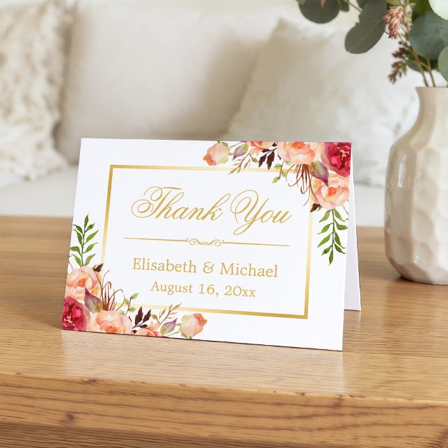 Cartão De Agradecimento Flores De Rosa Laranja Russo Frame Dourado Obrigad (Criador carregado)