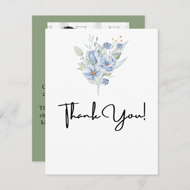 Cartão De Agradecimento flores e folhas em aquarela azul empoeirado rústic (Frente/Verso)
