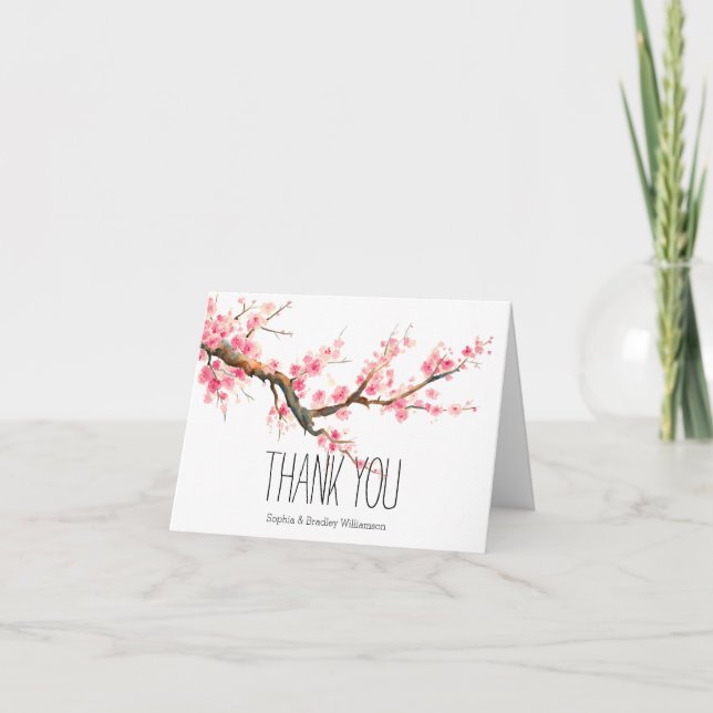 Cartão De Agradecimento Flores e Pássaros de Cereja Obrigado (Frente)