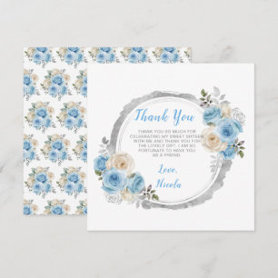 Cartão De Agradecimento Flores Elegantes De Prata Azul Dusty Dezesseis