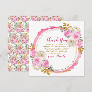Cartão De Agradecimento Flores Elegantes Douradas e Rosa Brilhantes Doce D