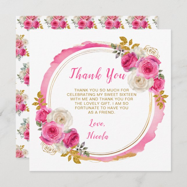 Cartão De Agradecimento Flores Elegantes Douradas e Rosa Quentes Doce Deze (Frente/Verso)