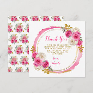 Cartão De Agradecimento Flores Elegantes Douradas e Rosa Quentes Doce Deze