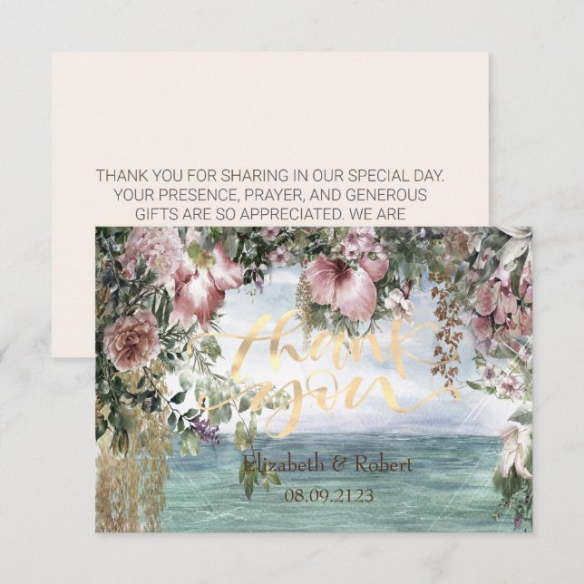 Cartão De Agradecimento Flores Elegantes Oceano (Frente/Verso)