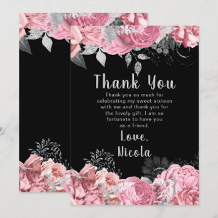 Cartão De Agradecimento Flores Elegantes Rosa e Prata Sweet Sixteen