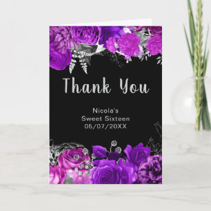Cartão De Agradecimento Flores Elegantes Roxas e Prata Sweet Sixteen