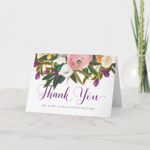 Cartão De Agradecimento Flores em Aquarela   Obrigado Falso Brilhante