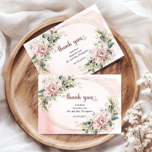 Cartão De Agradecimento Flores em Dourado Rosado e Folhagens Casamento Agr