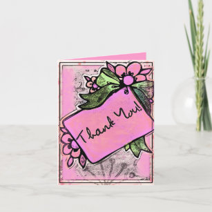 Cartão De Agradecimento Flores + Fita Verde a Rosa Grunge (Obrigado)