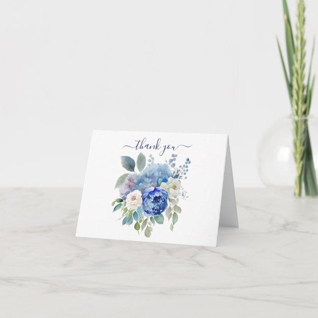Cartão De Agradecimento Flores Florais Aquarela Azul Branco Folhagem  (Frente)