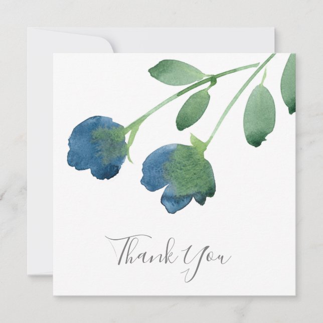 Cartão De Agradecimento Flores Indigo Azul e Verde de Aquarela (Frente)