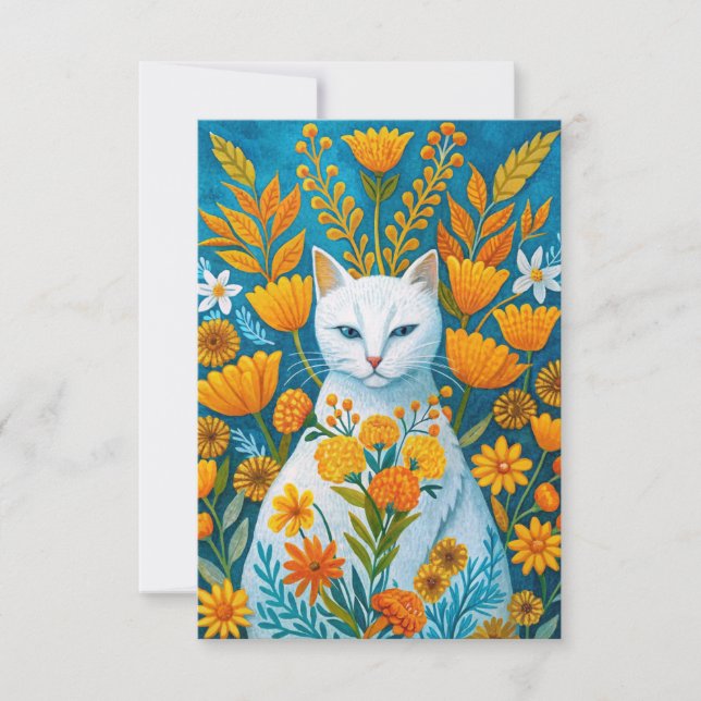 Cartão De Agradecimento Flores laranja e gato branco (Frente)