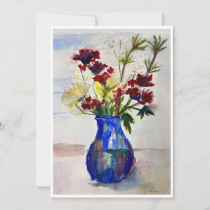 Cartão De Agradecimento Flores no Impressão de Aquarela Azul Vase
